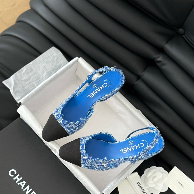 HIGH SLINGBACK IN COBALT BLUE TWEED AND BLACK LAMBSKIN