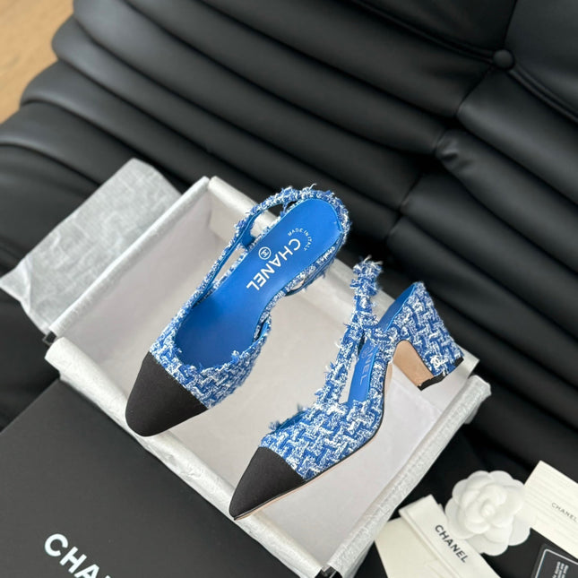 HIGH SLINGBACK IN COBALT BLUE TWEED AND BLACK LAMBSKIN