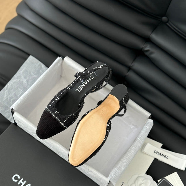 HIGH SLINGBACK IN BLACK TWEED AND LAMBSKIN