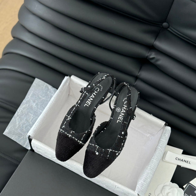 HIGH SLINGBACK IN BLACK TWEED AND LAMBSKIN