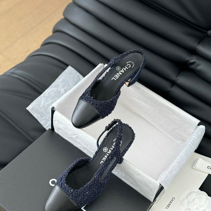 HIGH SLINGBACK IN NAVY BLUE TWEED AND BLACK LAMBSKIN