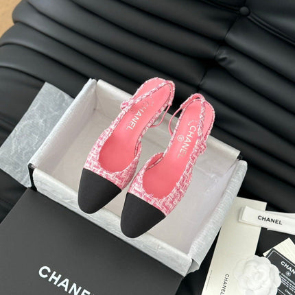 HIGH SLINGBACK IN LIGHT PINK TWEED AND BLACK LAMBSKIN