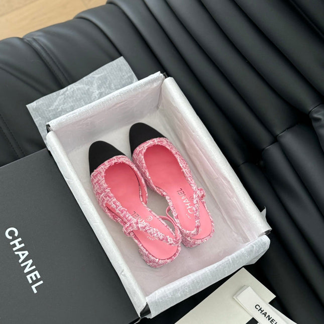 HIGH SLINGBACK IN LIGHT PINK TWEED AND BLACK LAMBSKIN