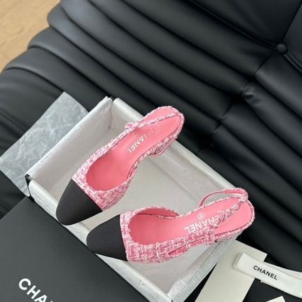 HIGH SLINGBACK IN LIGHT PINK TWEED AND BLACK LAMBSKIN