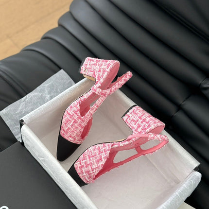 HIGH SLINGBACK IN LIGHT PINK TWEED AND BLACK LAMBSKIN