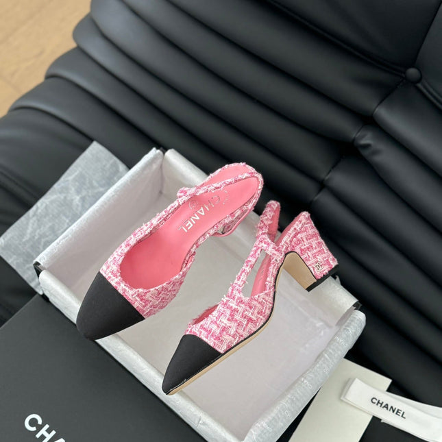 HIGH SLINGBACK IN LIGHT PINK TWEED AND BLACK LAMBSKIN