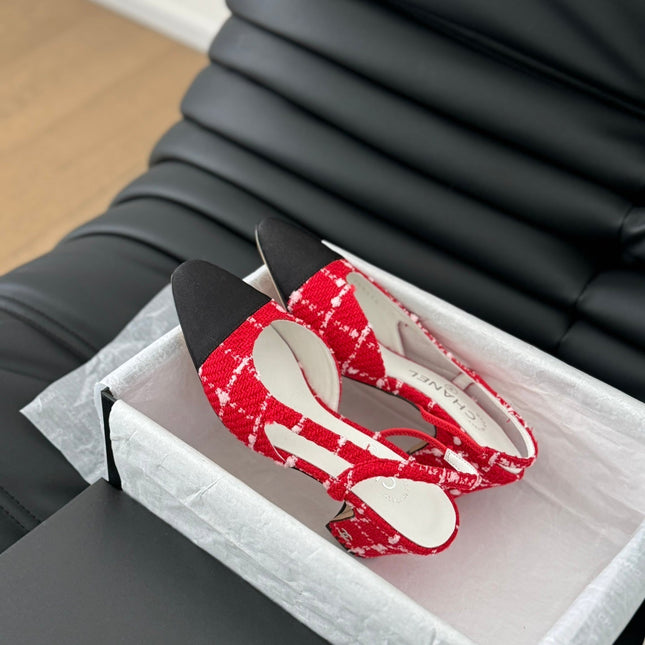 HIGH SLINGBACK IN CHERRY RED TWEED AND BLACK LAMBSKIN