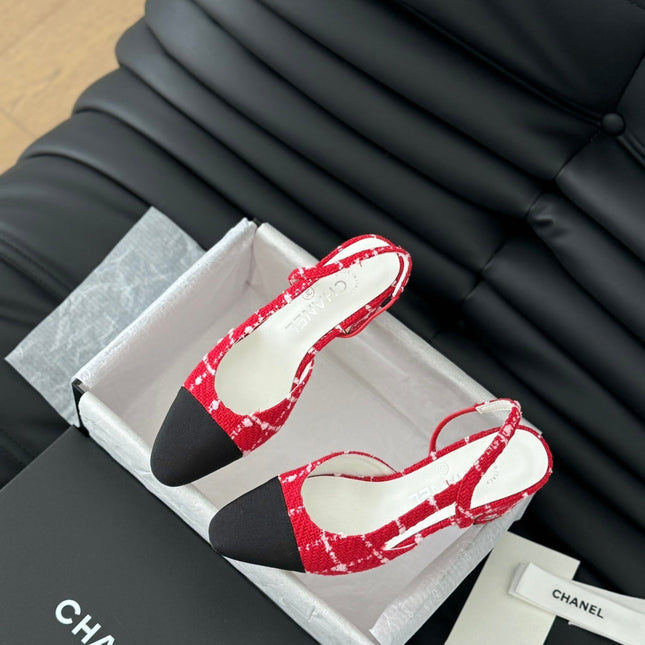 HIGH SLINGBACK IN CHERRY RED TWEED AND BLACK LAMBSKIN