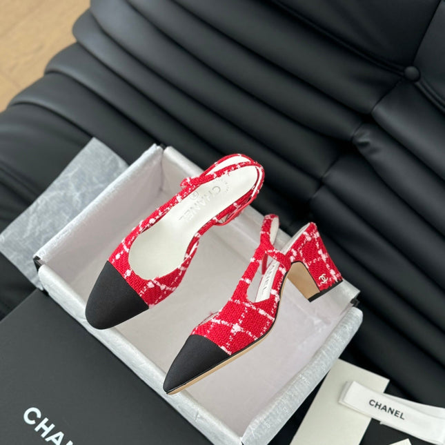 HIGH SLINGBACK IN CHERRY RED TWEED AND BLACK LAMBSKIN