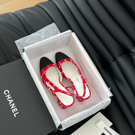 HIGH SLINGBACK IN CHERRY RED TWEED AND BLACK LAMBSKIN