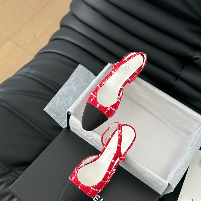 HIGH SLINGBACK IN CHERRY RED TWEED AND BLACK LAMBSKIN