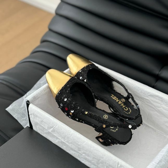 HIGH SLINGBACK IN BLACK TWEED AND GOLDEN LAMBSKIN