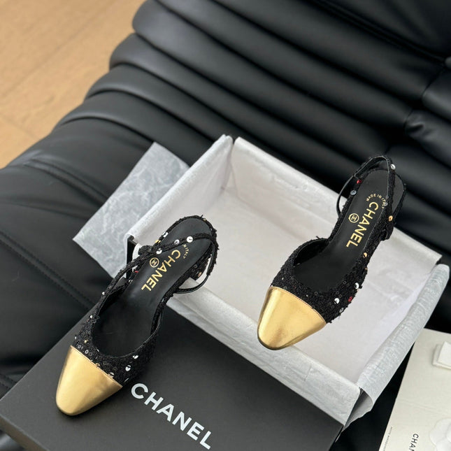 HIGH SLINGBACK IN BLACK TWEED AND GOLDEN LAMBSKIN