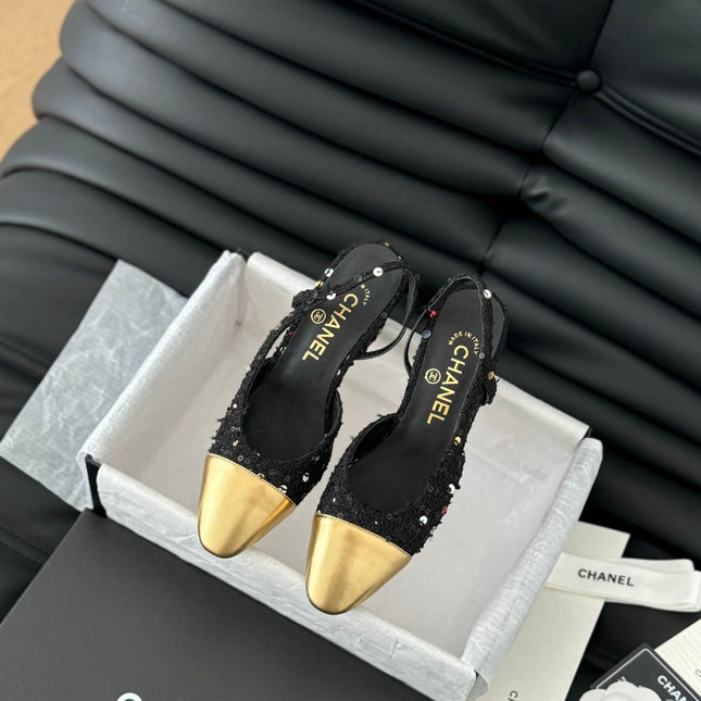 HIGH SLINGBACK IN BLACK TWEED AND GOLDEN LAMBSKIN
