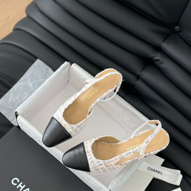 HIGH SLINGBACK IN BEIGE TWEED AND BLACK LAMBSKIN