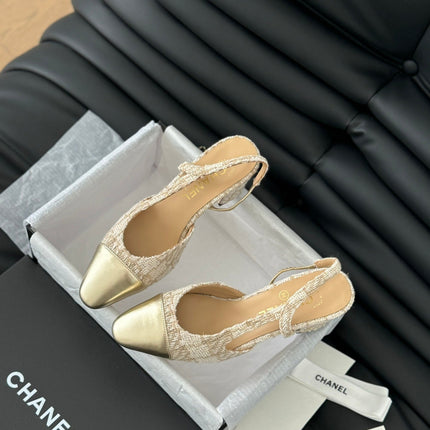 HIGH SLINGBACK IN BEIGE CREAM TWEED AND GOLDEN LAMBSKIN