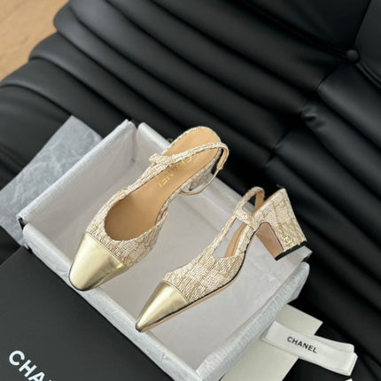 HIGH SLINGBACK IN BEIGE CREAM TWEED AND GOLDEN LAMBSKIN