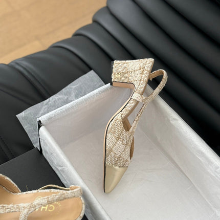 HIGH SLINGBACK IN BEIGE CREAM TWEED AND GOLDEN LAMBSKIN