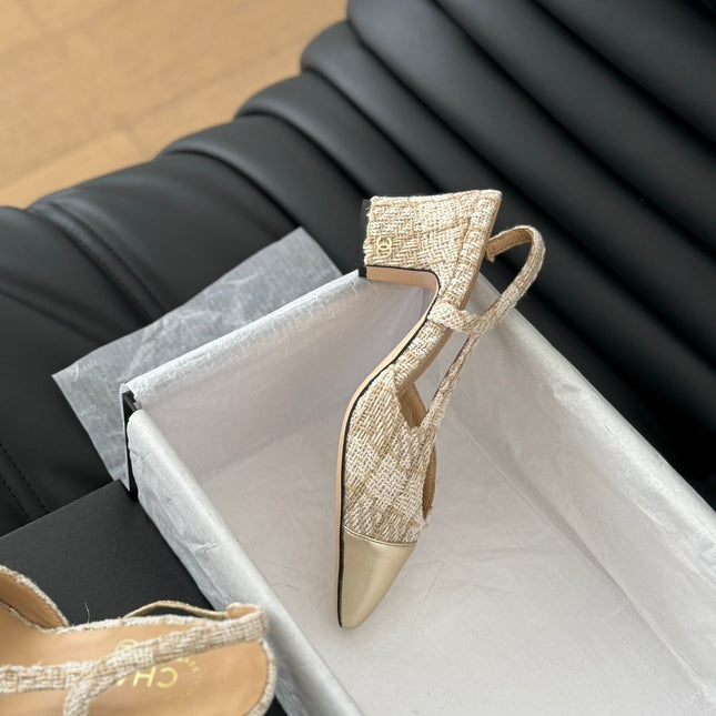 HIGH SLINGBACK IN BEIGE CREAM TWEED AND GOLDEN LAMBSKIN