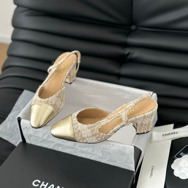 HIGH SLINGBACK IN BEIGE CREAM TWEED AND GOLDEN LAMBSKIN
