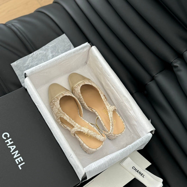 HIGH SLINGBACK IN BEIGE CREAM TWEED AND GOLDEN LAMBSKIN