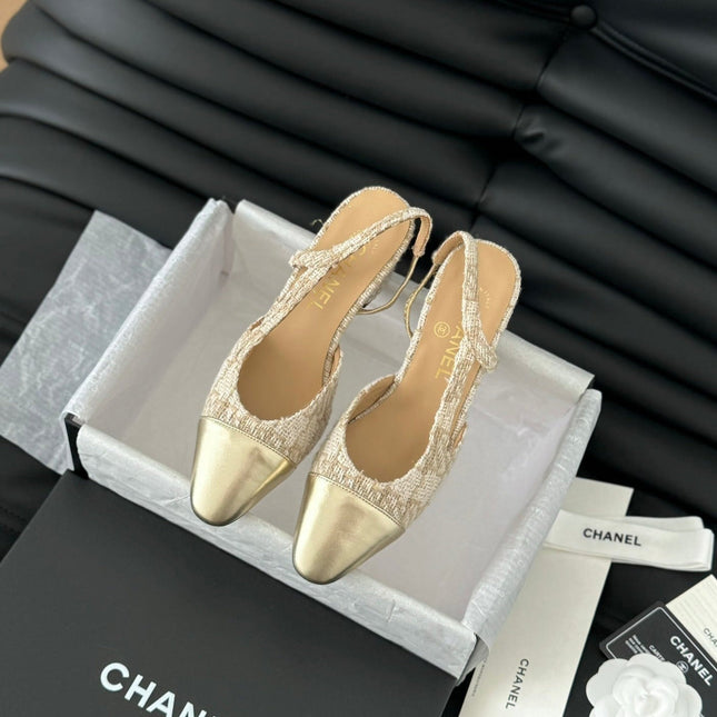 HIGH SLINGBACK IN BEIGE CREAM TWEED AND GOLDEN LAMBSKIN