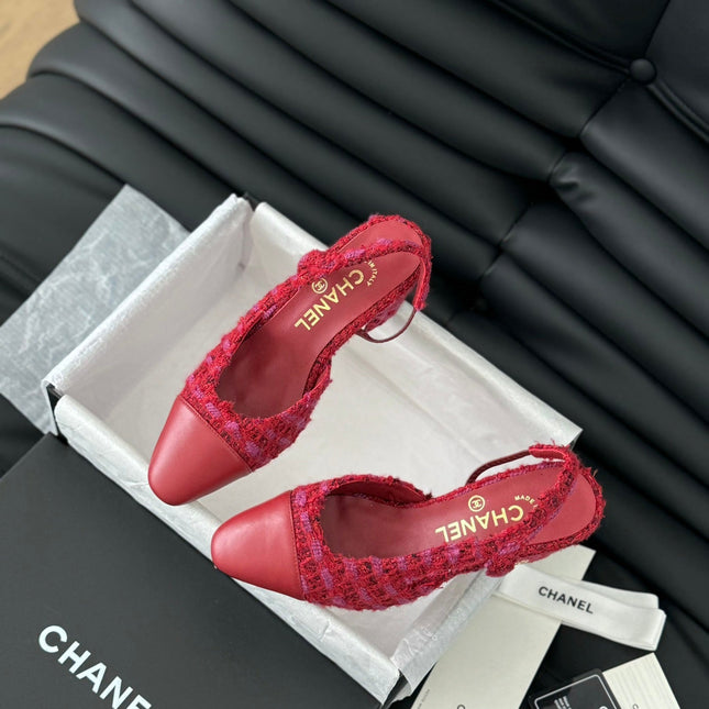 HIGH SLINGBACK IN RUBY RED TWEED AND LAMBSKIN