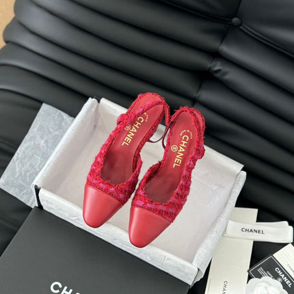 HIGH SLINGBACK IN RUBY RED TWEED AND LAMBSKIN