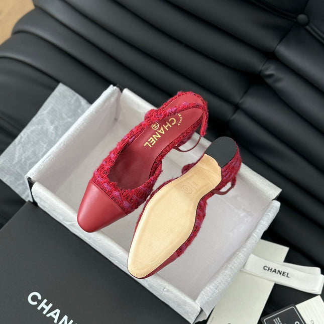 HIGH SLINGBACK IN RUBY RED TWEED AND LAMBSKIN