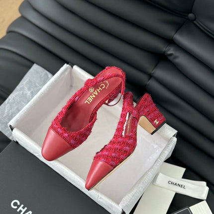 HIGH SLINGBACK IN RUBY RED TWEED AND LAMBSKIN