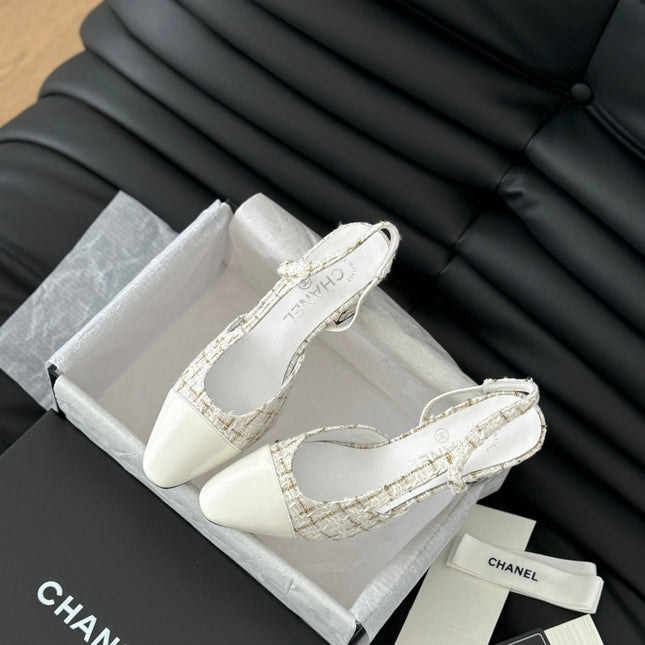 HIGH SLINGBACK IN WHITE TWEED AND LAMBSKIN