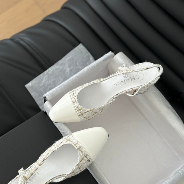 HIGH SLINGBACK IN WHITE TWEED AND LAMBSKIN