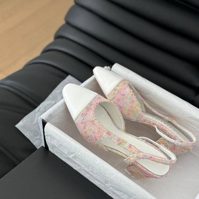 HIGH SLINGBACK IN LIGHT PINK TWEED MIX WHITE LAMBSKIN