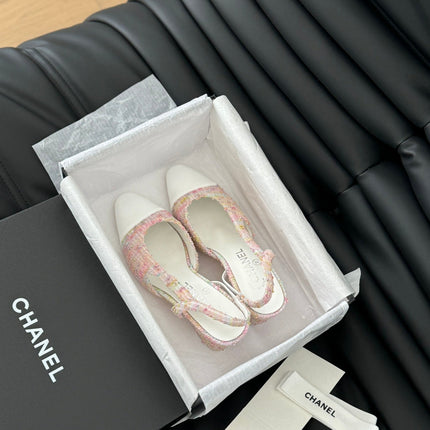 HIGH SLINGBACK IN LIGHT PINK TWEED MIX WHITE LAMBSKIN