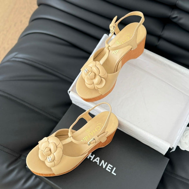 Double C New Wood Grain Platform Sandal  Tan Brown Lambskin