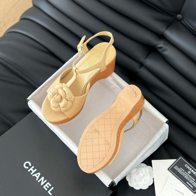 Double C New Wood Grain Platform Sandal  Tan Brown Lambskin