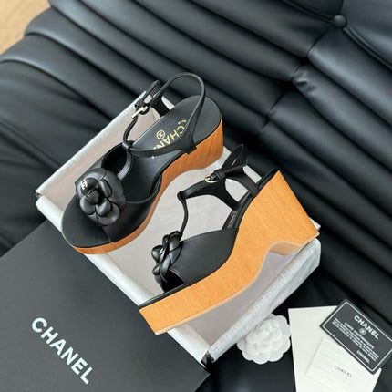 Double C New Wood Grain Platform Sandal  Black Lambskin