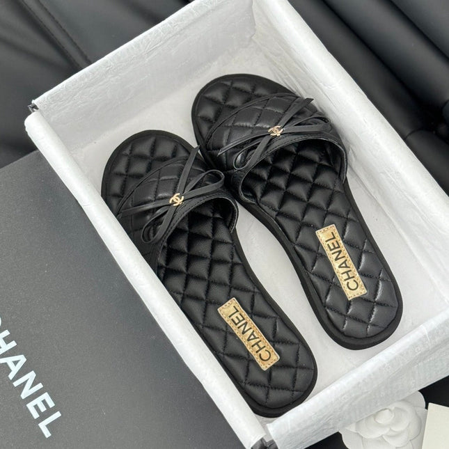 Double C  New Butterfly Button Slippers Black Lambskin