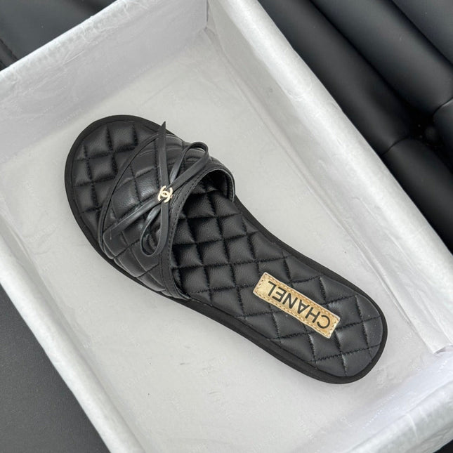 Double C  New Butterfly Button Slippers Black Lambskin