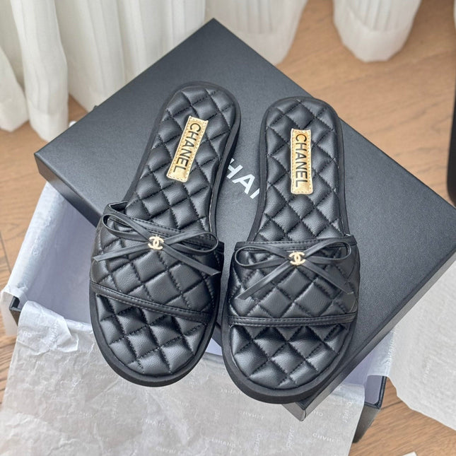 Double C  New Butterfly Button Slippers Black Lambskin