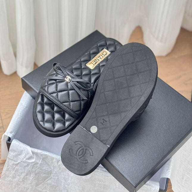 Double C  New Butterfly Button Slippers Black Lambskin