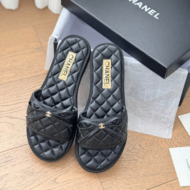 Double C  New Butterfly Button Slippers Black Lambskin