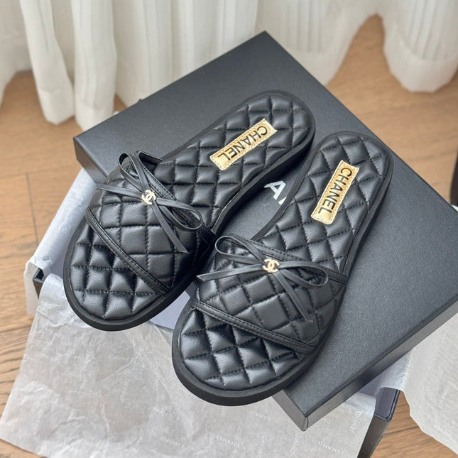 Double C  New Butterfly Button Slippers Black Lambskin