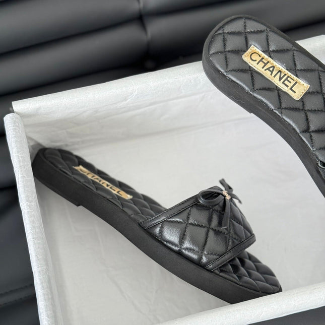 Double C  New Butterfly Button Slippers Black Lambskin