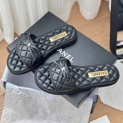 Double C  New Butterfly Button Slippers Black Lambskin