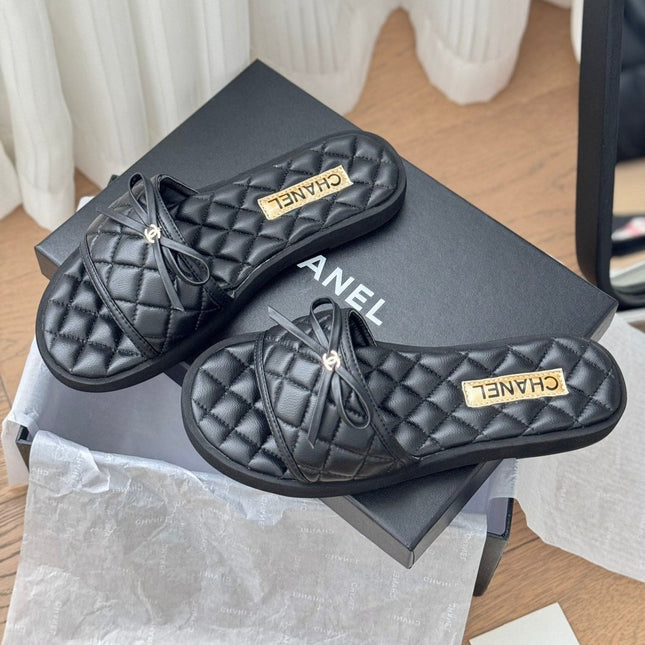 Double C  New Butterfly Button Slippers Black Lambskin
