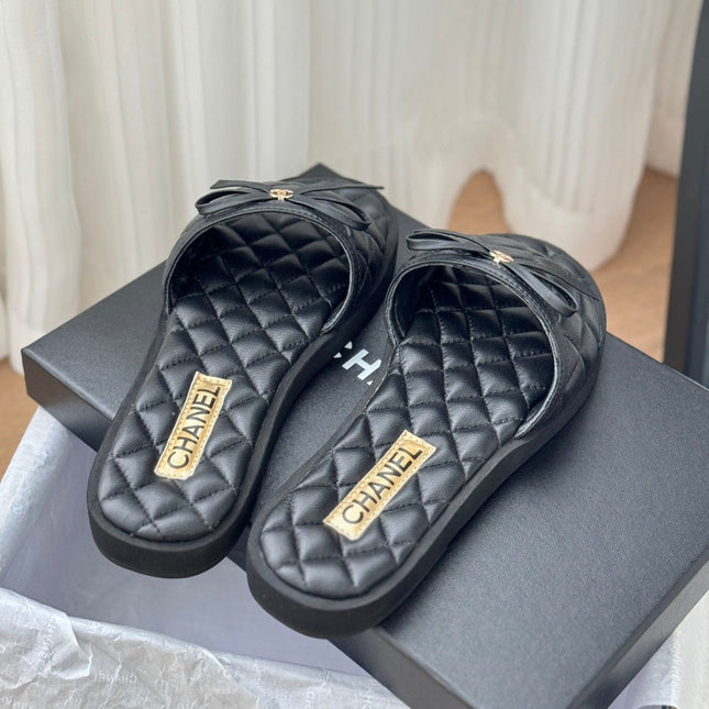 Double C  New Butterfly Button Slippers Black Lambskin