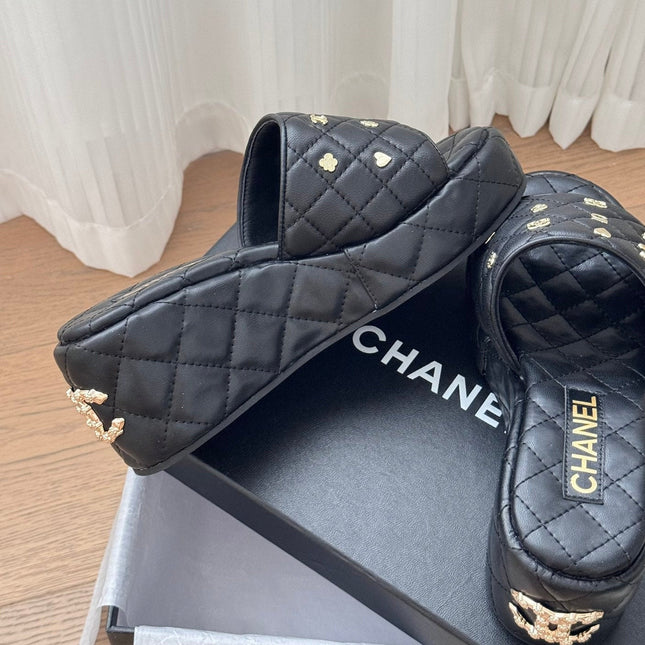 Thick Sole Slope Heel Weddge Lambskin Black