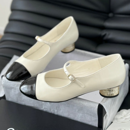 CC MARY JANE SHOES IN WHITE MIX BLACK LAMBSKIN WITH GOLD HARDWARE