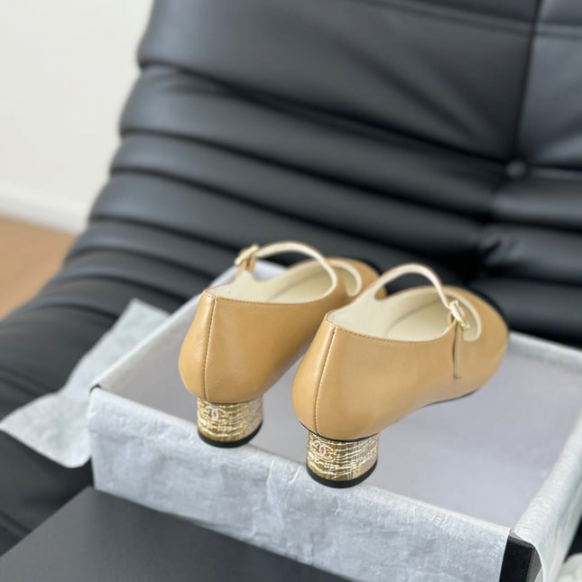 CC MARY JANE SHOES IN SEPIA BEIGE MIX BLACK LAMBSKIN WITH GOLD HARDWARE